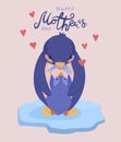 Happy mothers day card sign penguin mom with baby vector character